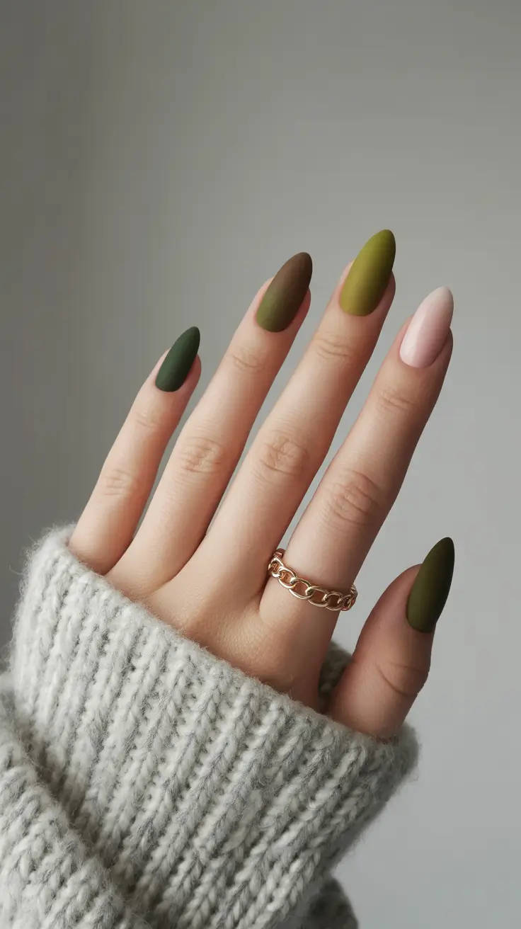 autumn nails designs – Velvet-Matte Forest Almonds with Blush Accent