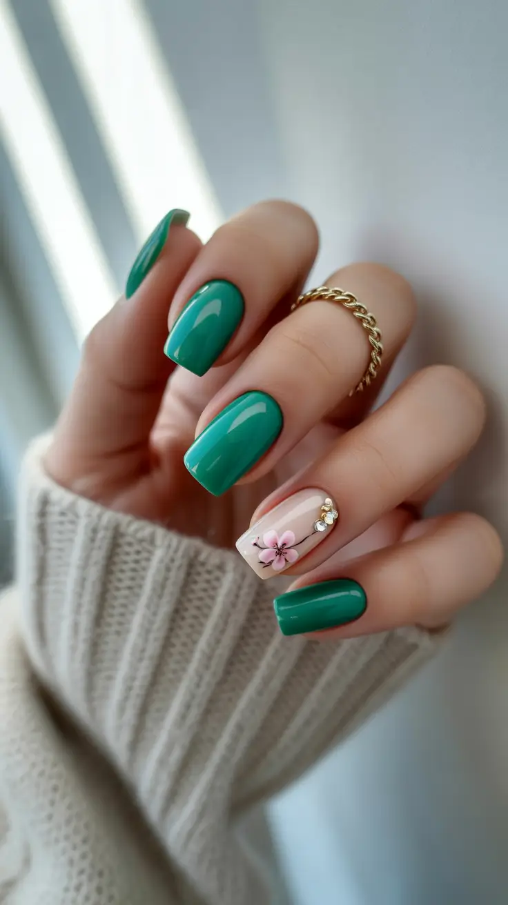 autumn nails designs – Emerald City Squares with Floral Gem Accent