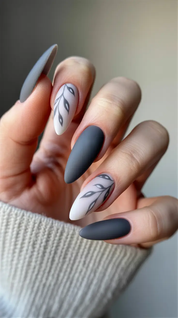autumn nails designs – Charcoal Almonds with Misty Vine