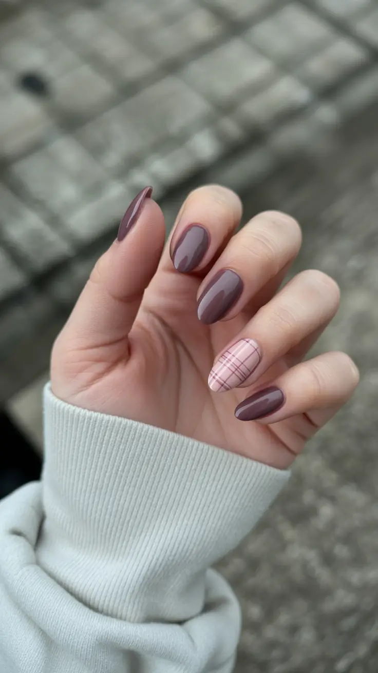 autumn nails designs – Cocoa-Plaid Almond Mix
