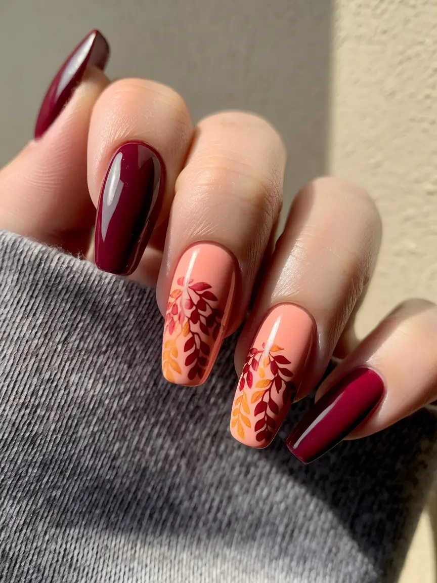 Creative Autumn Nail Designs 2025 — Cranberry and peach botanicals on modern almond