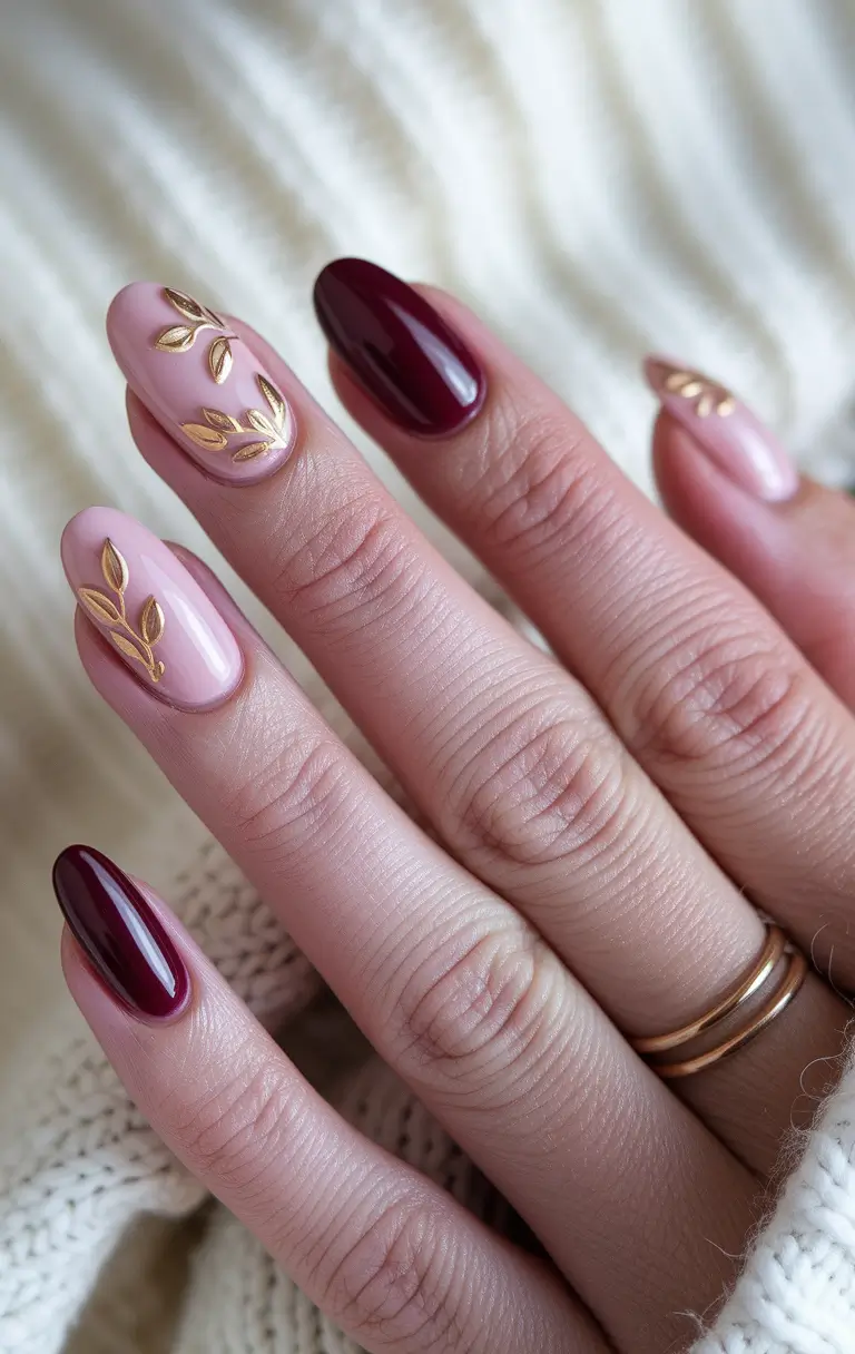 Creative Autumn Nail Designs 2025 — Burgundy and Blush with Gold Leaf Charms on Oval