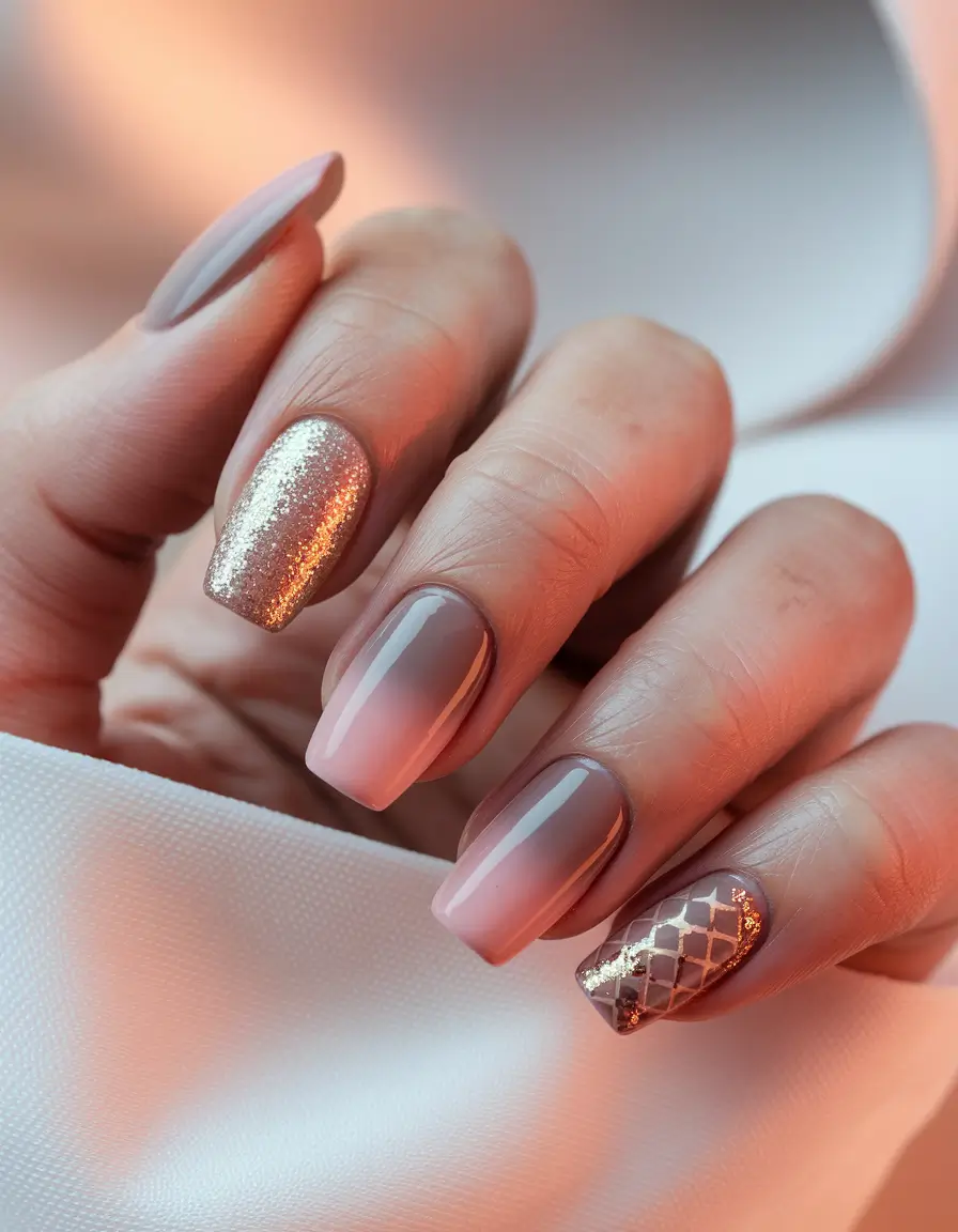autumn nails designs – Champagne Foil Latte Ombré on Soft Square