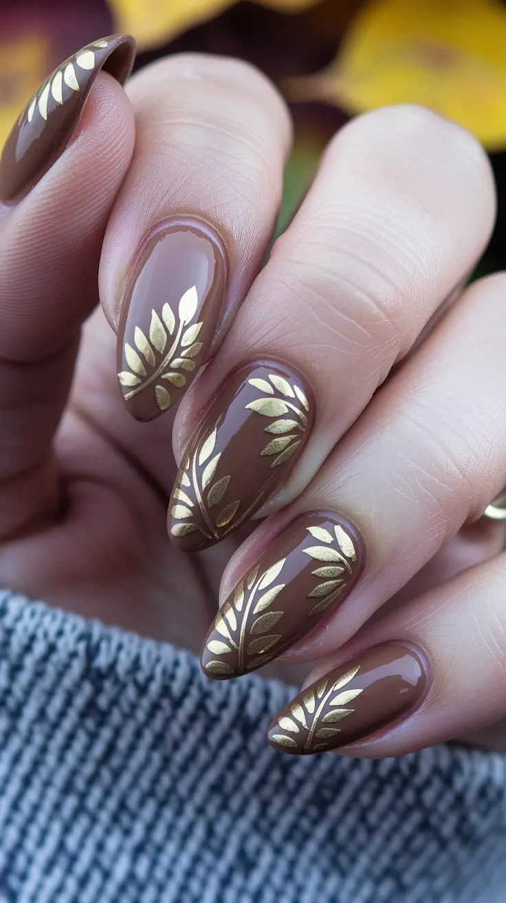 autumn nails designs – Glossy Chestnut Almond with Brushed Gold Leaves