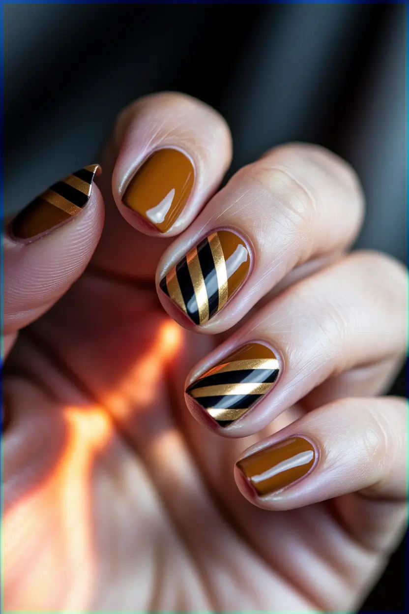 autumn nails designs – Caramel Stripe Micro Shorties