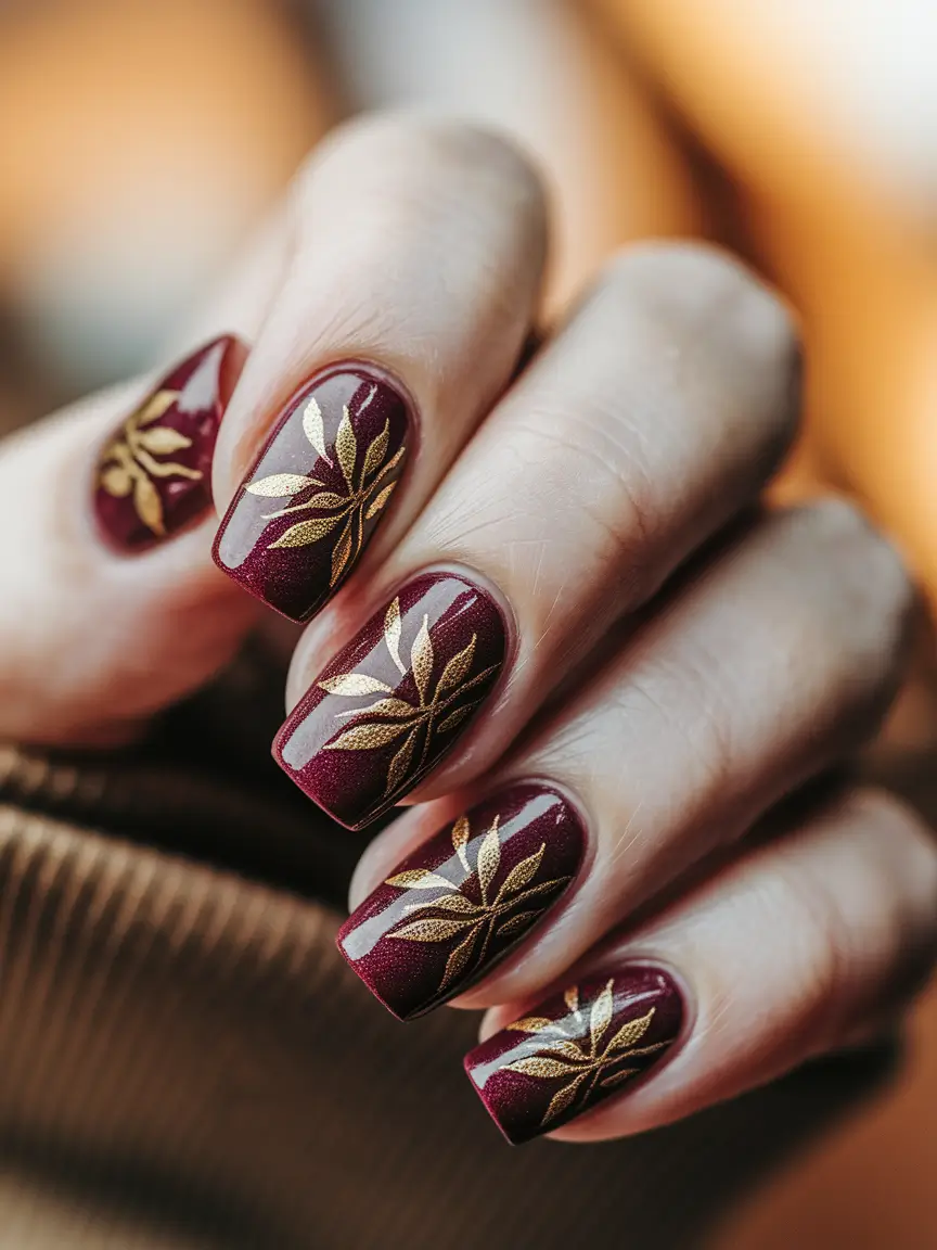 autumn nails designs – Merlot Squares with Gilded Petals