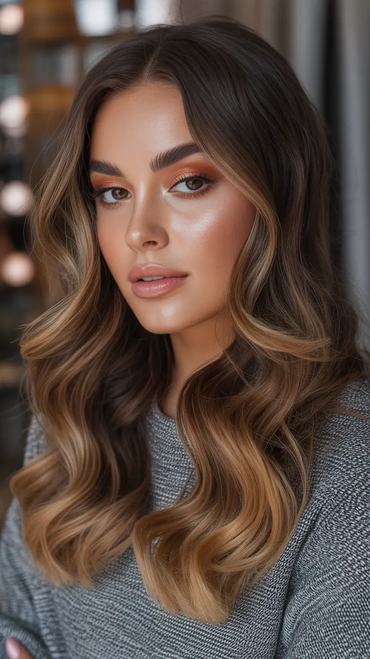 Chic and Cute Hair Color Ideas for Fall 2025 – Glossy Chestnut Balayage with Caramel Ends