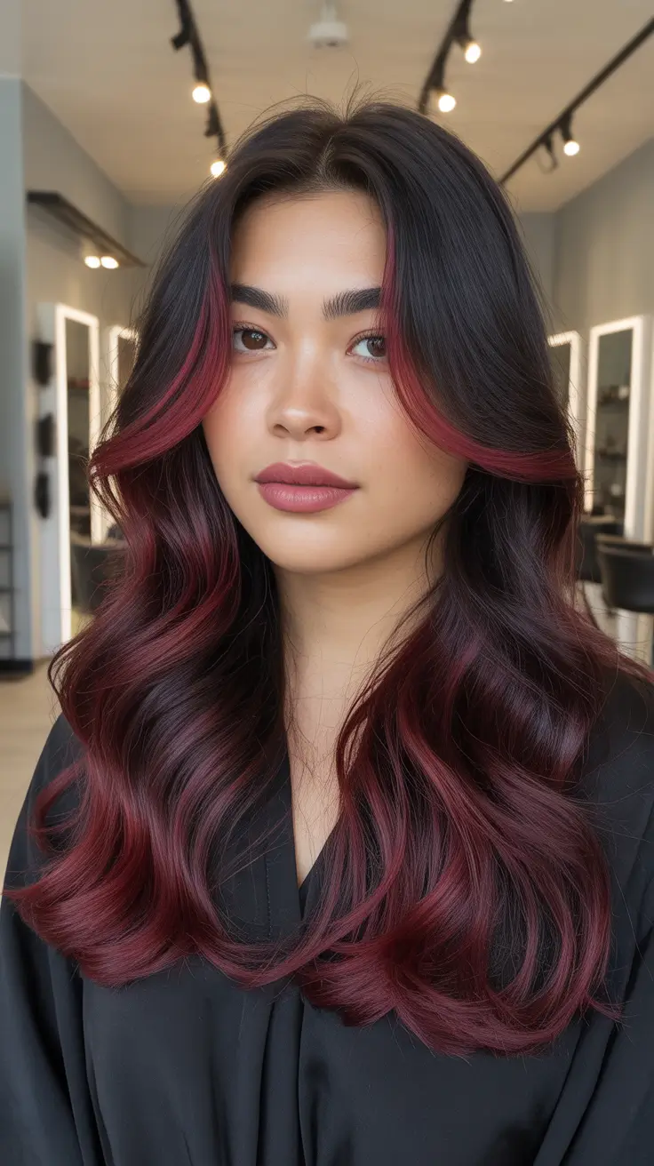 hair color fall – Mulled-Wine Money Piece on Espresso Waves