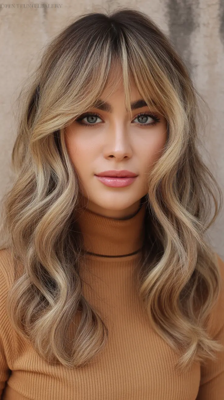 hair color fall – Toasted-Oat Bronde with Curtain Bangs