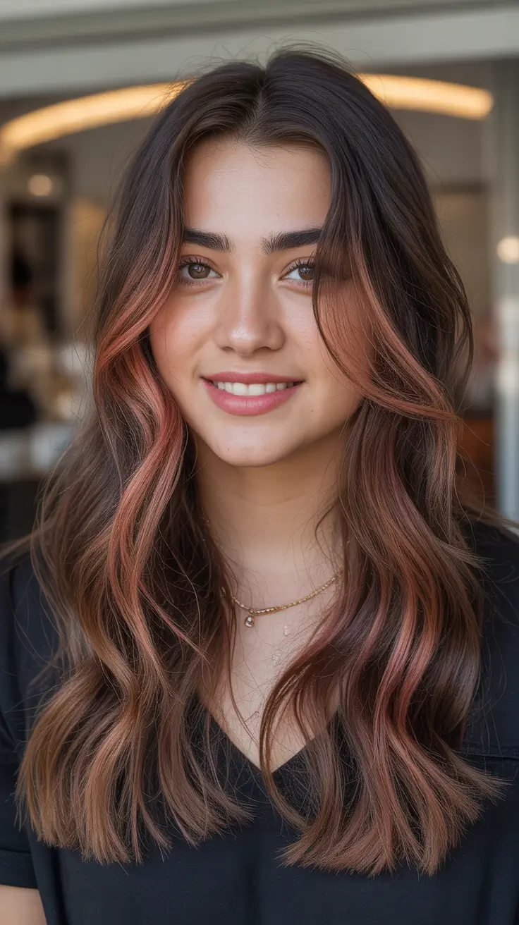 hair color fall – Rose-Cinnamon Peekaboo on Cocoa Midlengths