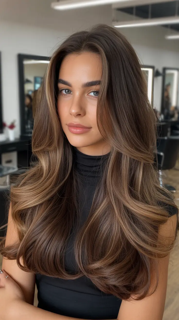 hair color fall – Mocha-Latte Brunette with Dimensional Ribbons