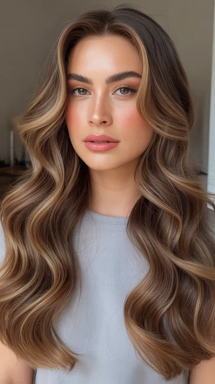 Chic and Cute Hair Color Ideas for Fall 2025 – Walnut Bronde Waves with Face Framing Glow