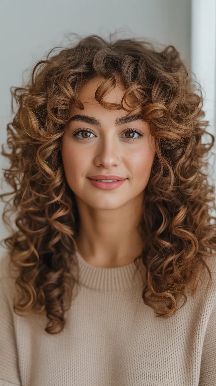 Chic and Cute Hair Color Ideas for Fall 2025 – Cinnamon Curls with Bottleneck Fringe