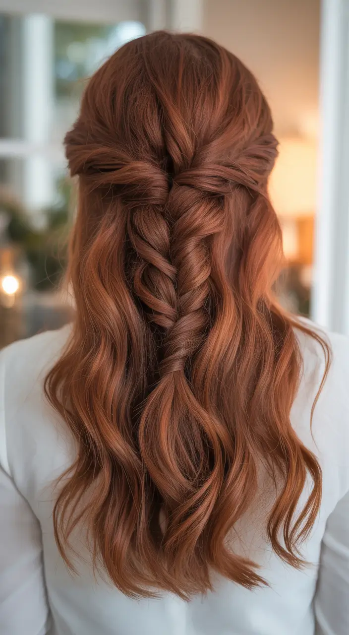 Insta-Cute Hairstyles for Fall 2025 – Soft Copper Fishtail Half-Up with Ribbon Waves