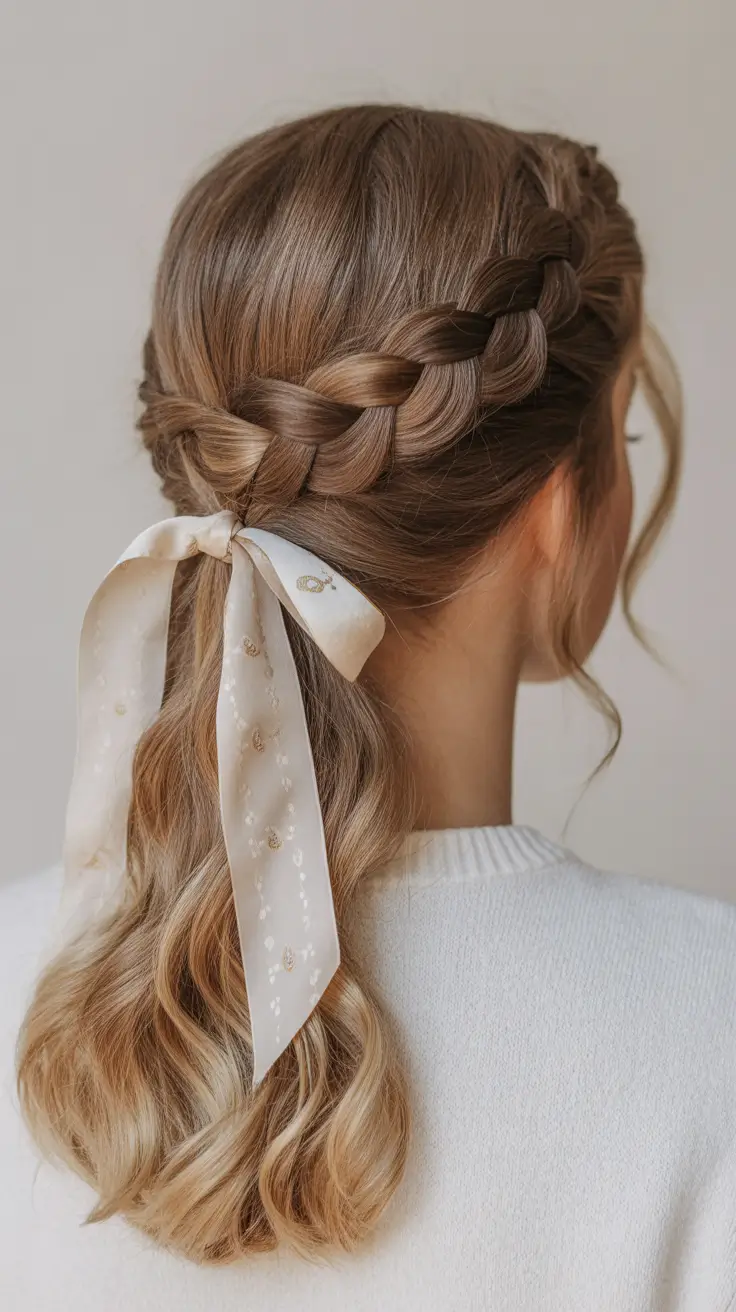 Insta-Cute Hairstyles for Fall 2025 – Braided Crown Half-Up with Satin Ribbon