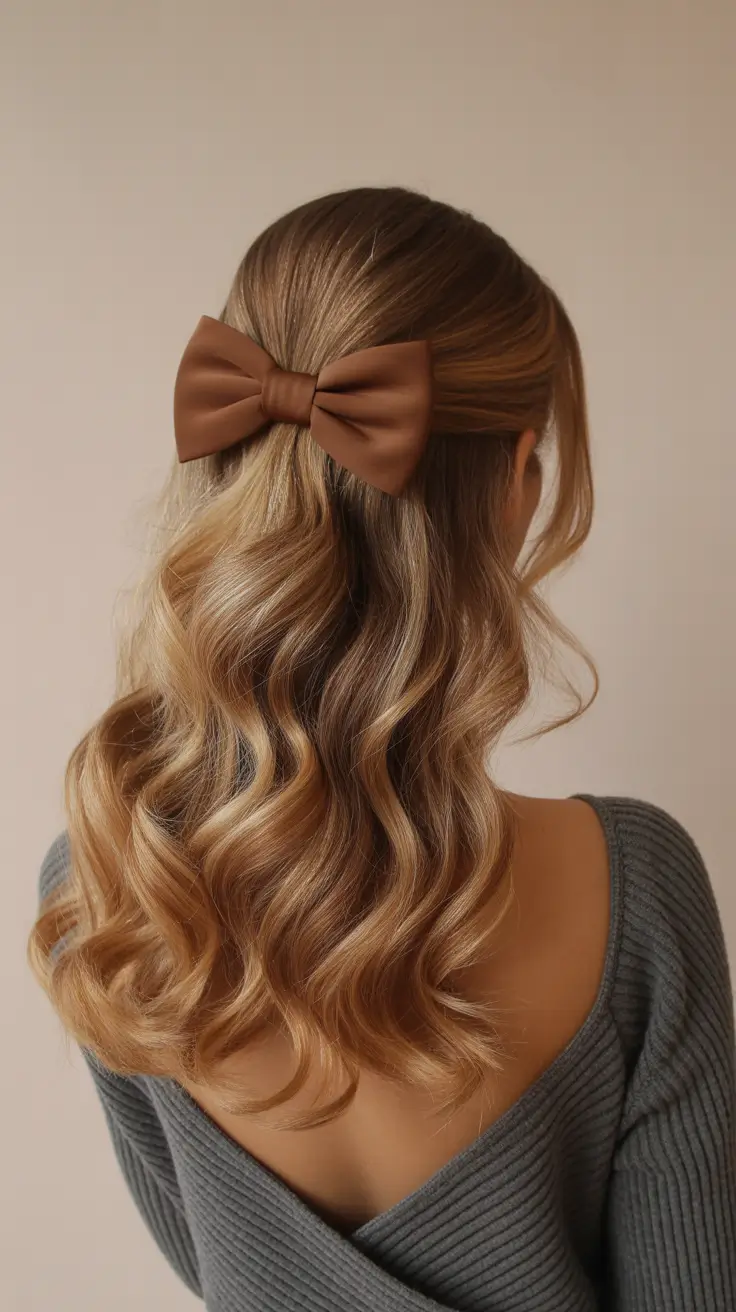 Insta-Cute Hairstyles for Fall 2025 – Oversized Bow Half-Up on Toffee Waves