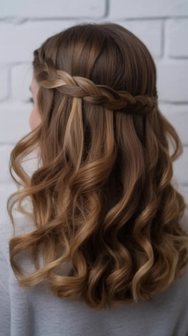 Insta-Cute Hairstyles for Fall 2025 – Half-Up Waterfall Crown on Soft Waves