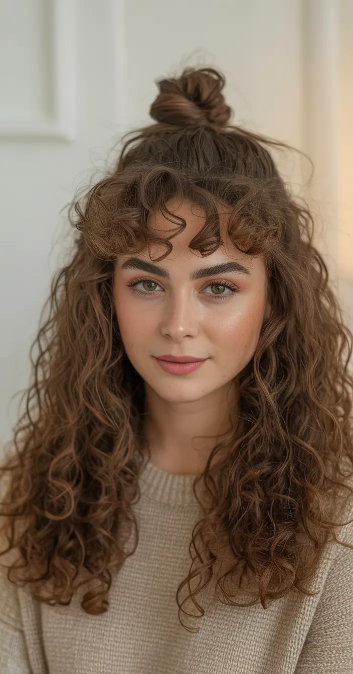 Insta-Cute Hairstyles for Fall 2025 – Curly Fringe Half-Up Top Knot