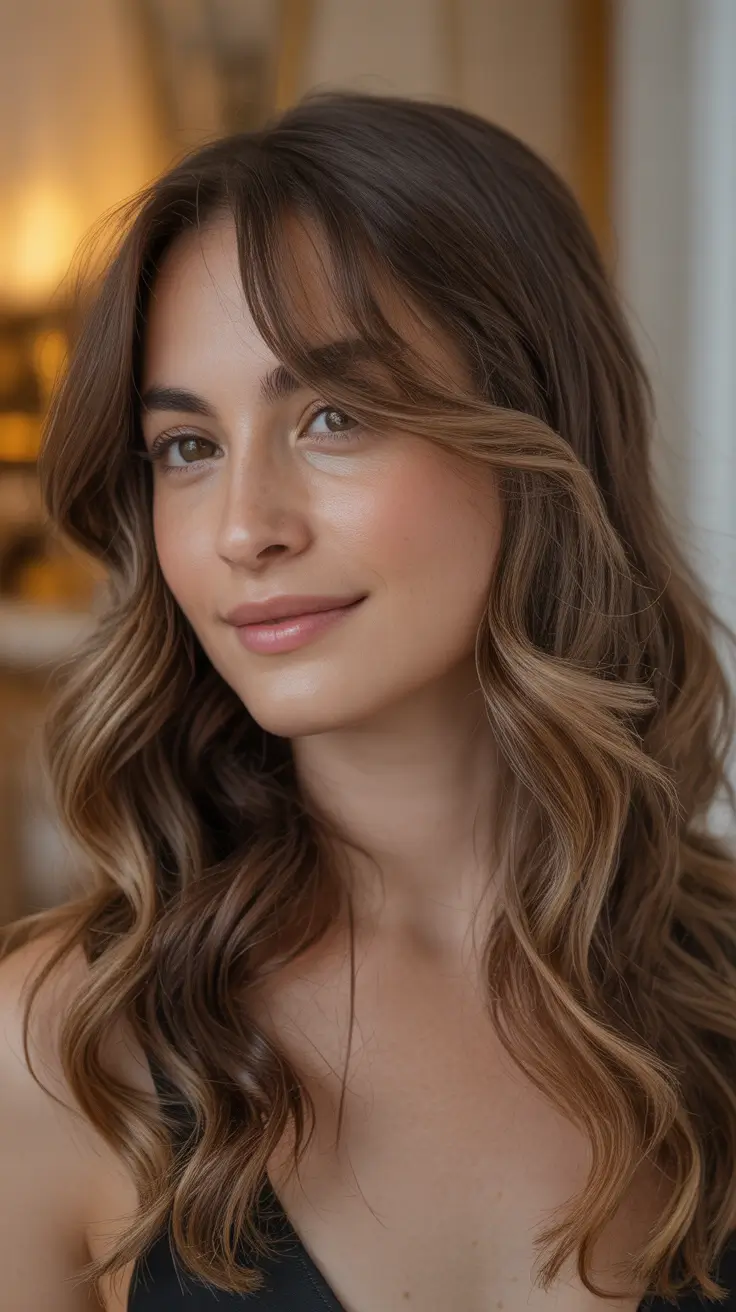 Insta-Cute Hairstyles for Fall 2025 – Soft Waves with Curtain Bangs and Hazelnut Ribbons