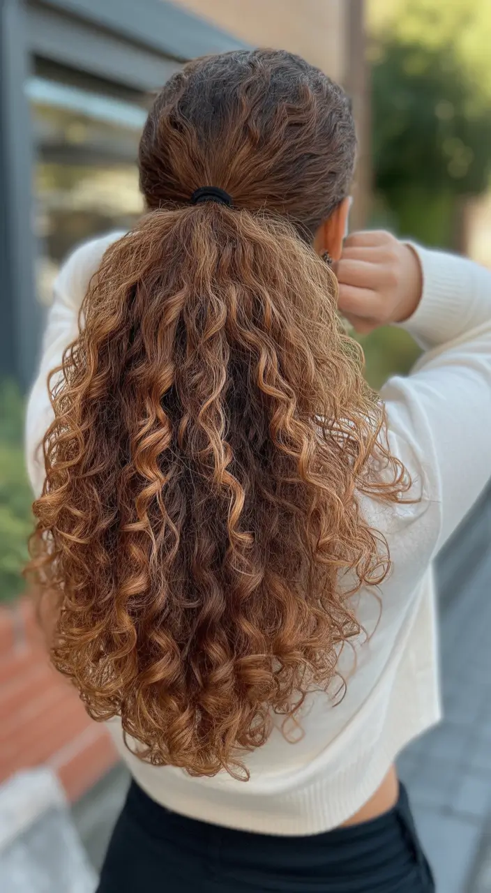 Insta-Cute Hairstyles for Fall 2025 – Low Curly Pony with Cinnamon Lights