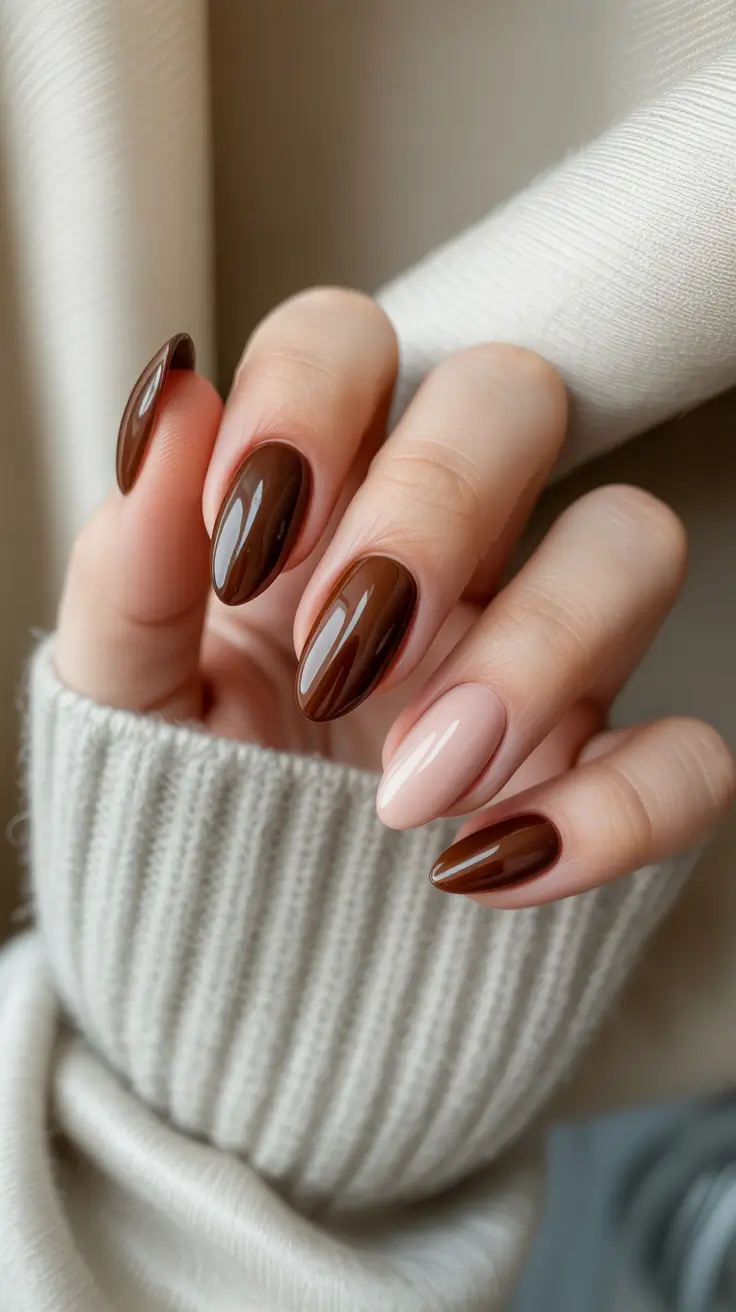 Short and Long Fall Acrylic Nails Ideas 2025 – Mocha & Nude Almond Harmony