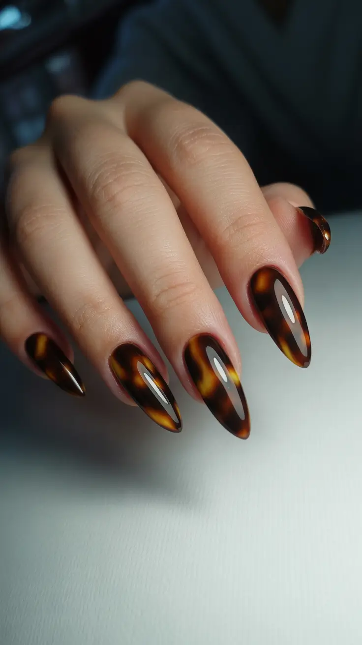 Short and Long Fall Acrylic Nails Ideas 2025 – High-Gloss Tortoiseshell Almond