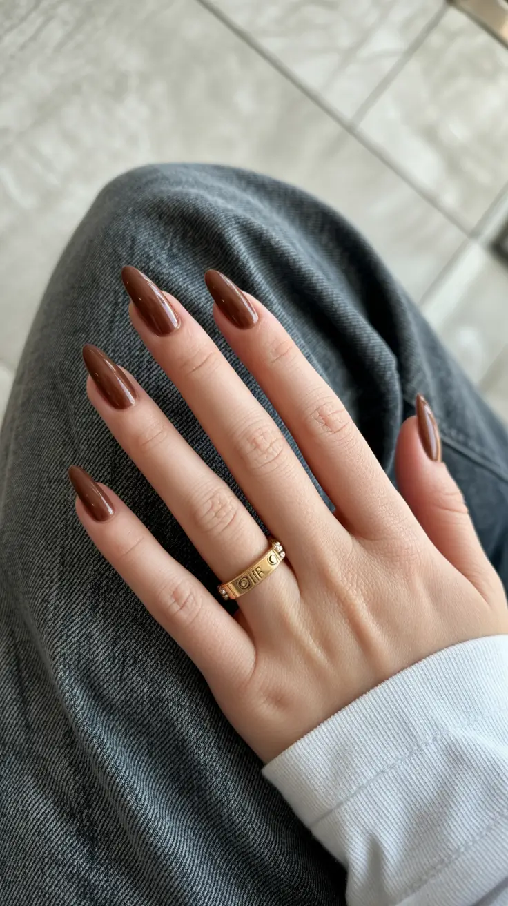 Short and Long Fall Acrylic Nails Ideas 2025 – Glossy Hazelnut Everyday Almond