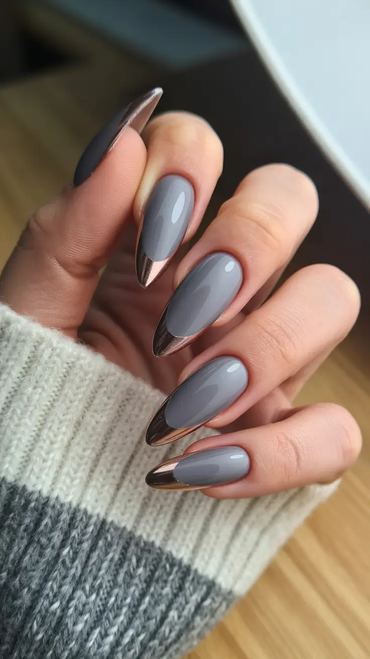 Short and Long Fall Acrylic Nails Ideas 2025 - Smoky Grey Almond with Chrome French