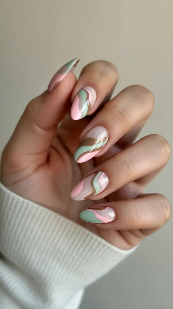 Short and Long Fall Acrylic Nails Ideas 2025 - Sage & Blush Swirls on Short Almonds