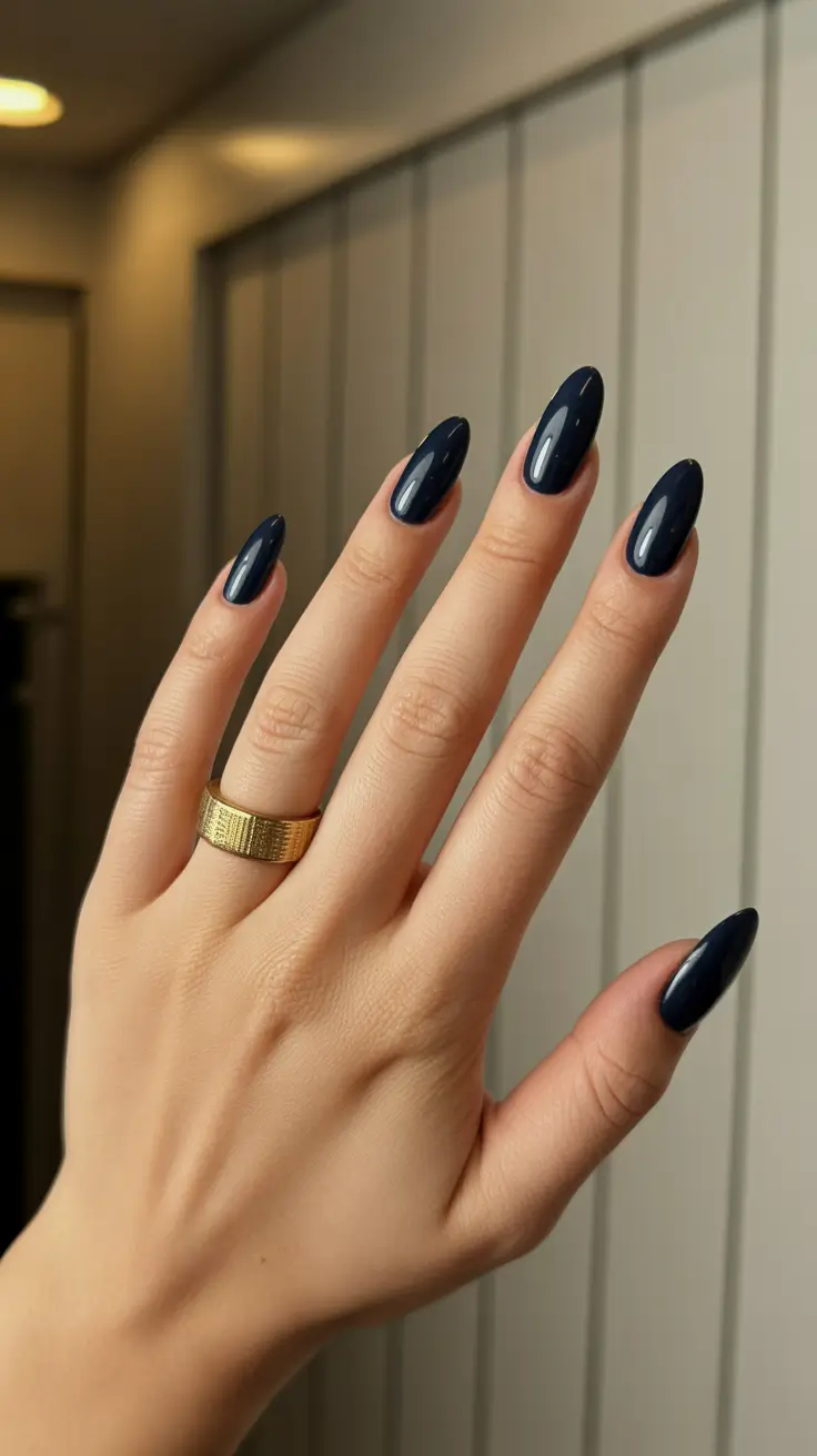 Short and Long Fall Acrylic Nails Ideas 2025 - Midnight Navy Almond Gloss