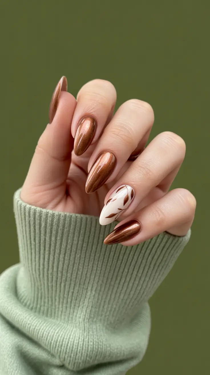 Short and Long Fall Acrylic Nails Ideas 2025 – Copper Latte with Leaf Accent