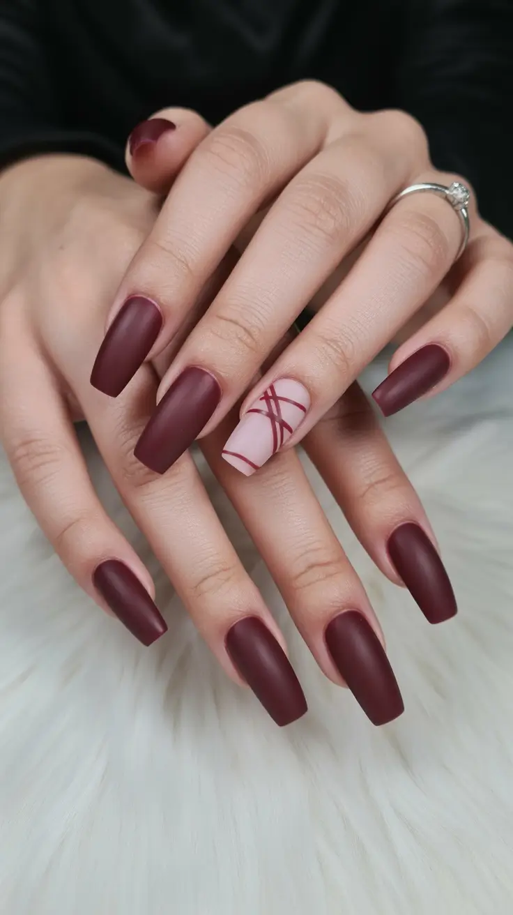 Short and Long Fall Acrylic Nails Ideas 2025 - Velvet Merlot Coffin with Minimalist Accent