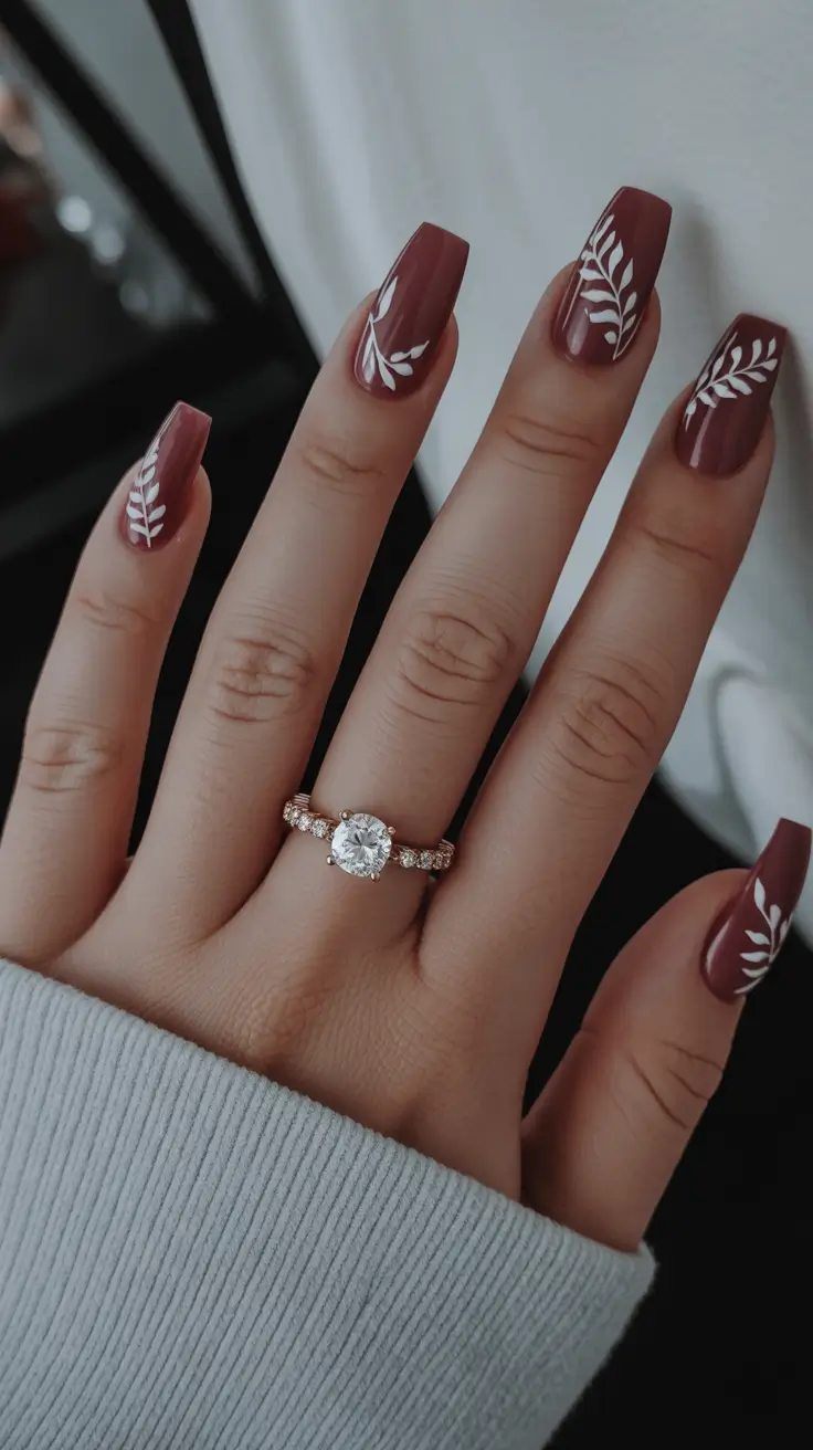 Short and Long Fall Acrylic Nails Ideas 2025 - Mocha Square with Clean White Leaves