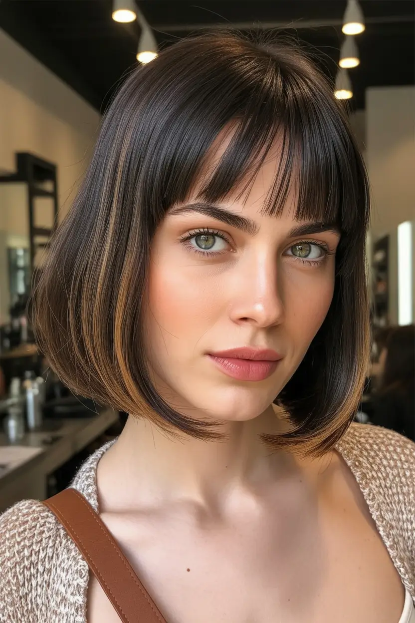 fall bob hairstyles – Glossy Espresso Bob with Baby Bangs and Toffee Ribbons