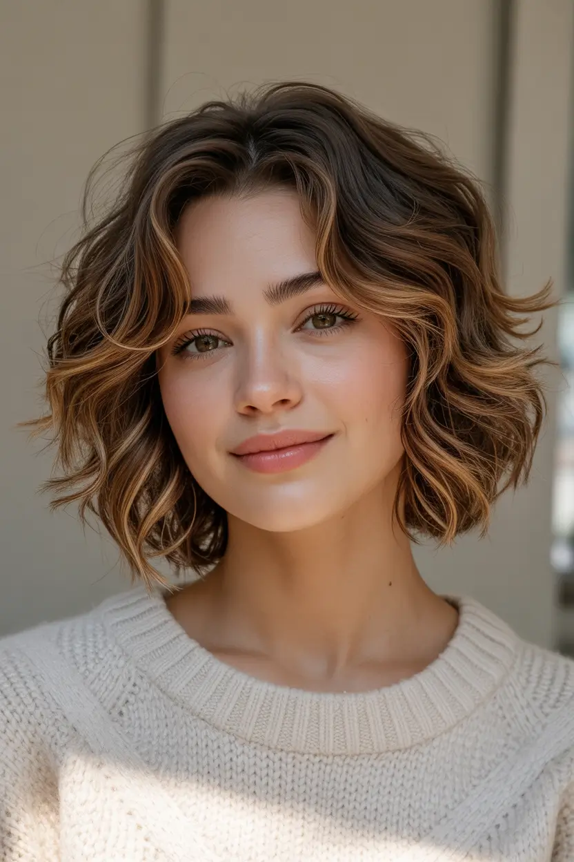 fall bob hairstyles — Caramel-Ribbon Wavy Bob with Center Lift