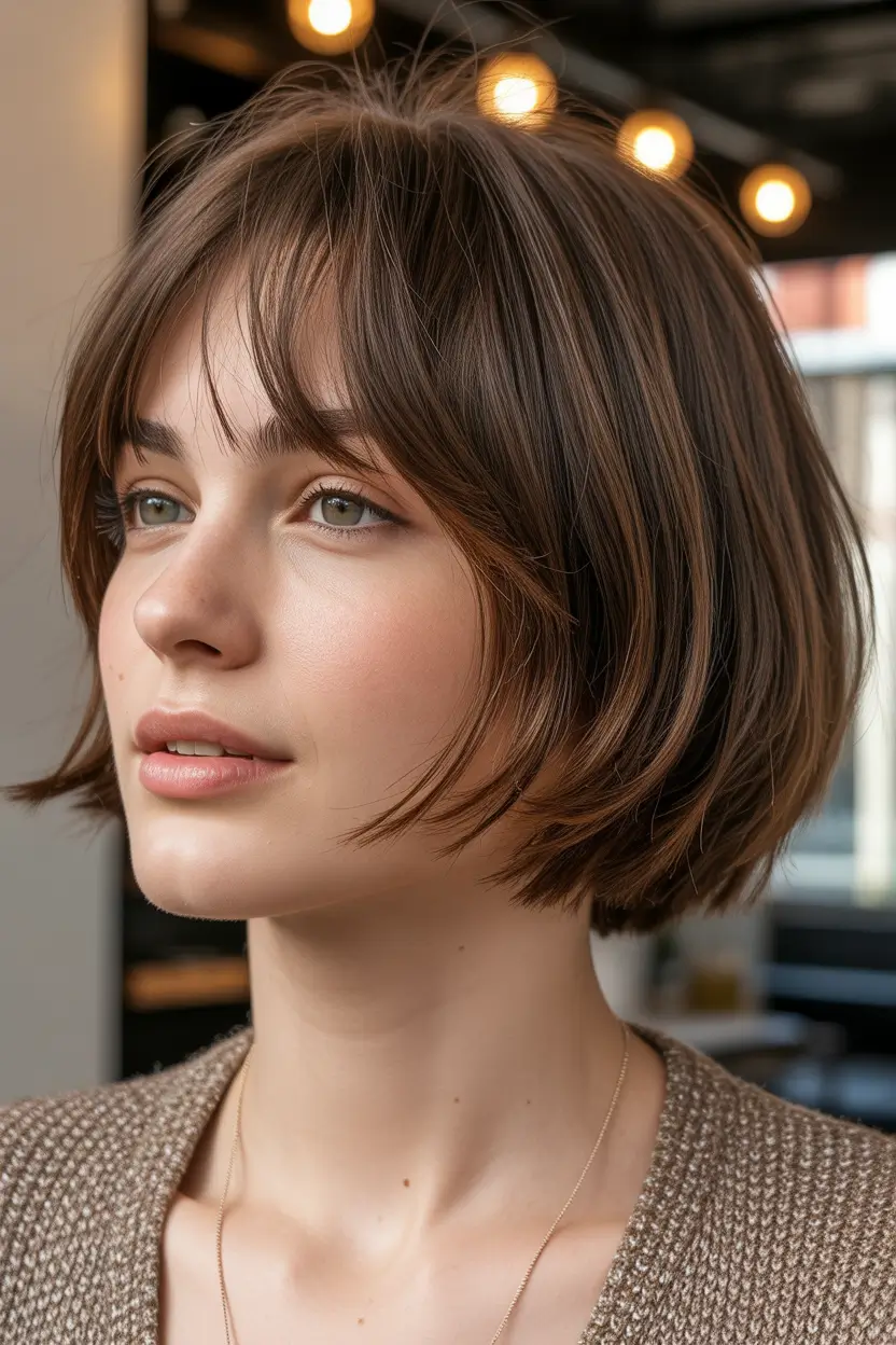 fall bob hairstyles — Soft French Bob with Wispy Bangs