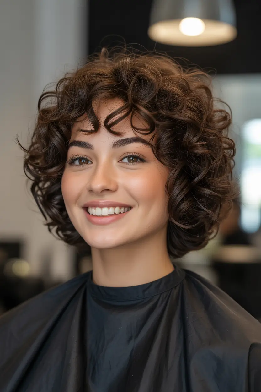fall bob hairstyles — Glossy Chocolate Curly Bob with Spiral Lift