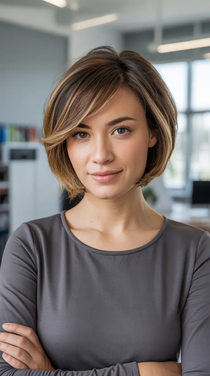 fall bob hairstyles – Caramel-Swirled Side-Part Bob with Airy Fringe