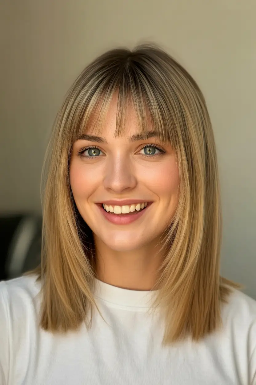 fall bob hairstyles — Sleek Ribbon-Highlight Lob with Baby Fringe