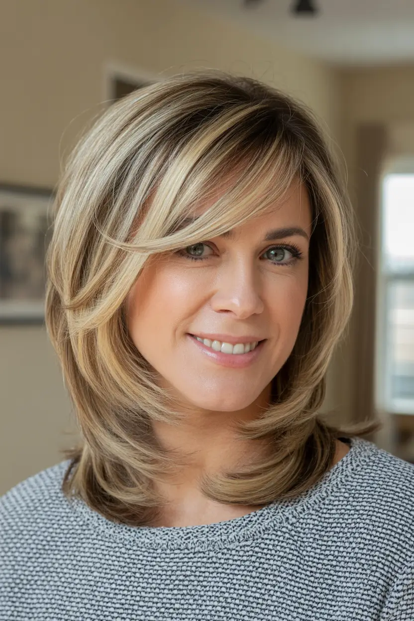 fall bob hairstyles — Feathered Honey-Blonde Layered Lob with Side Fringe