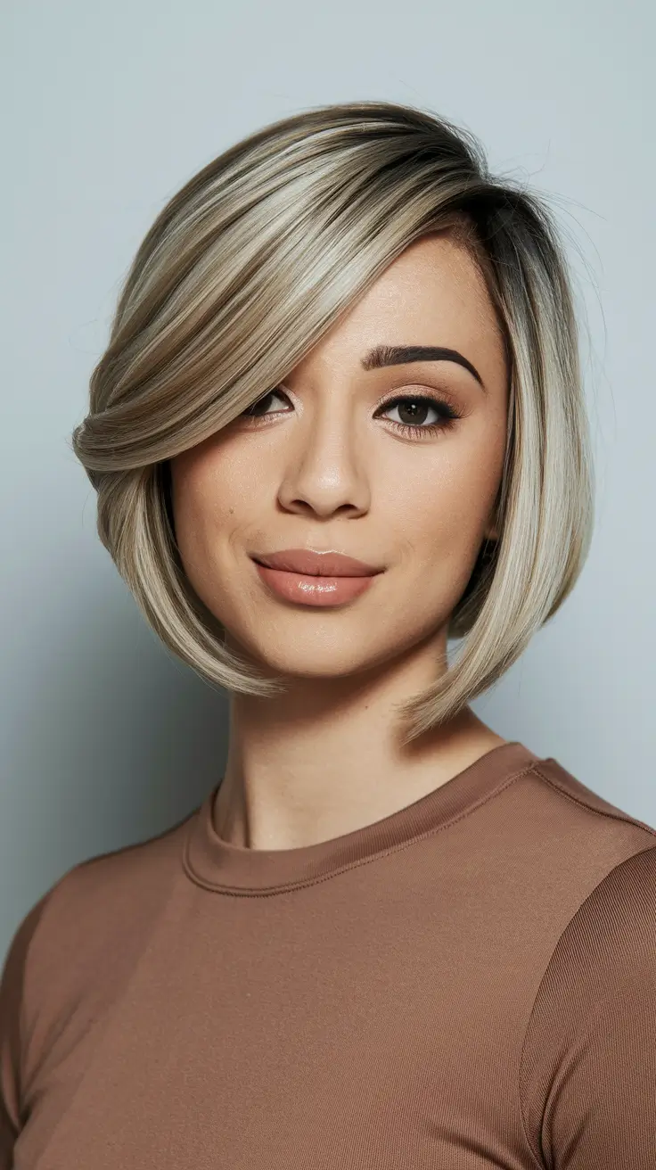 fall bob hairstyles – Shadow-Root Sleek Bob with Swoopy Side Bang
