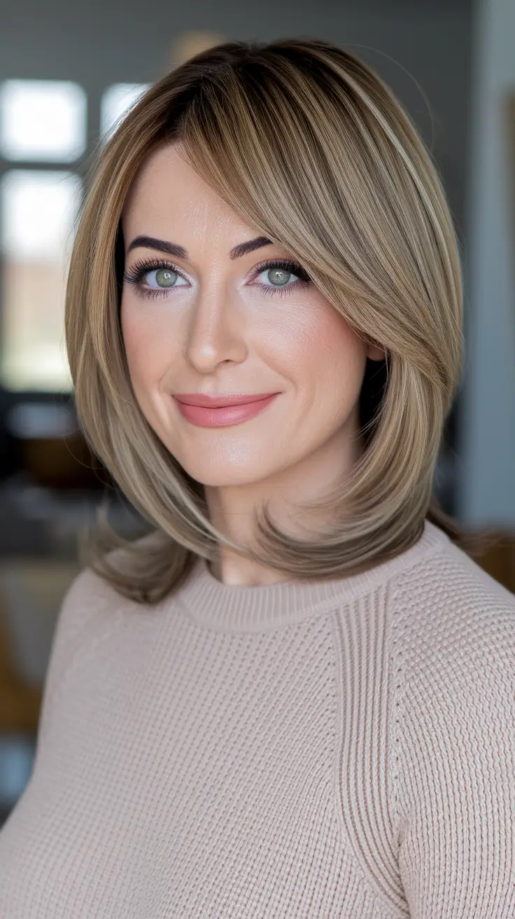 fall bob hairstyles — Soft Honey-Bronde Feathered Lob with Side-Swept Fringe