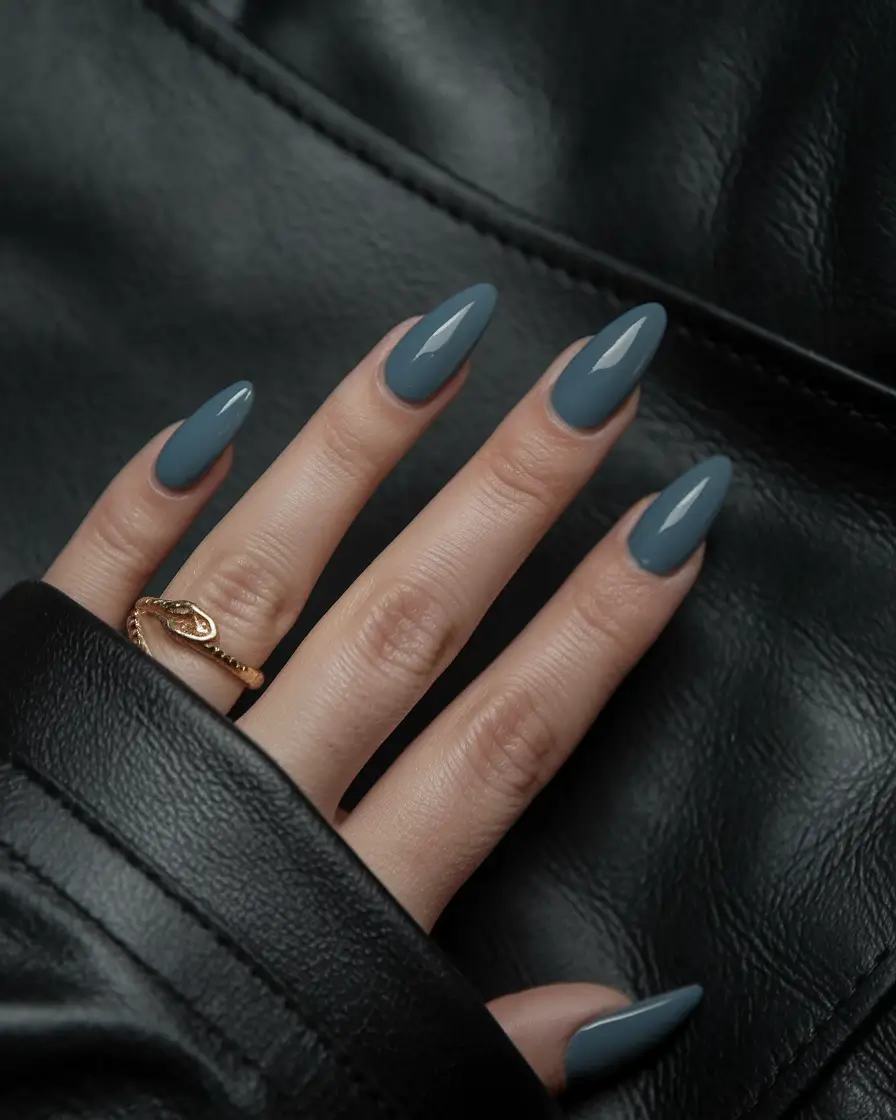 fall color nails Steel Blue City Almond