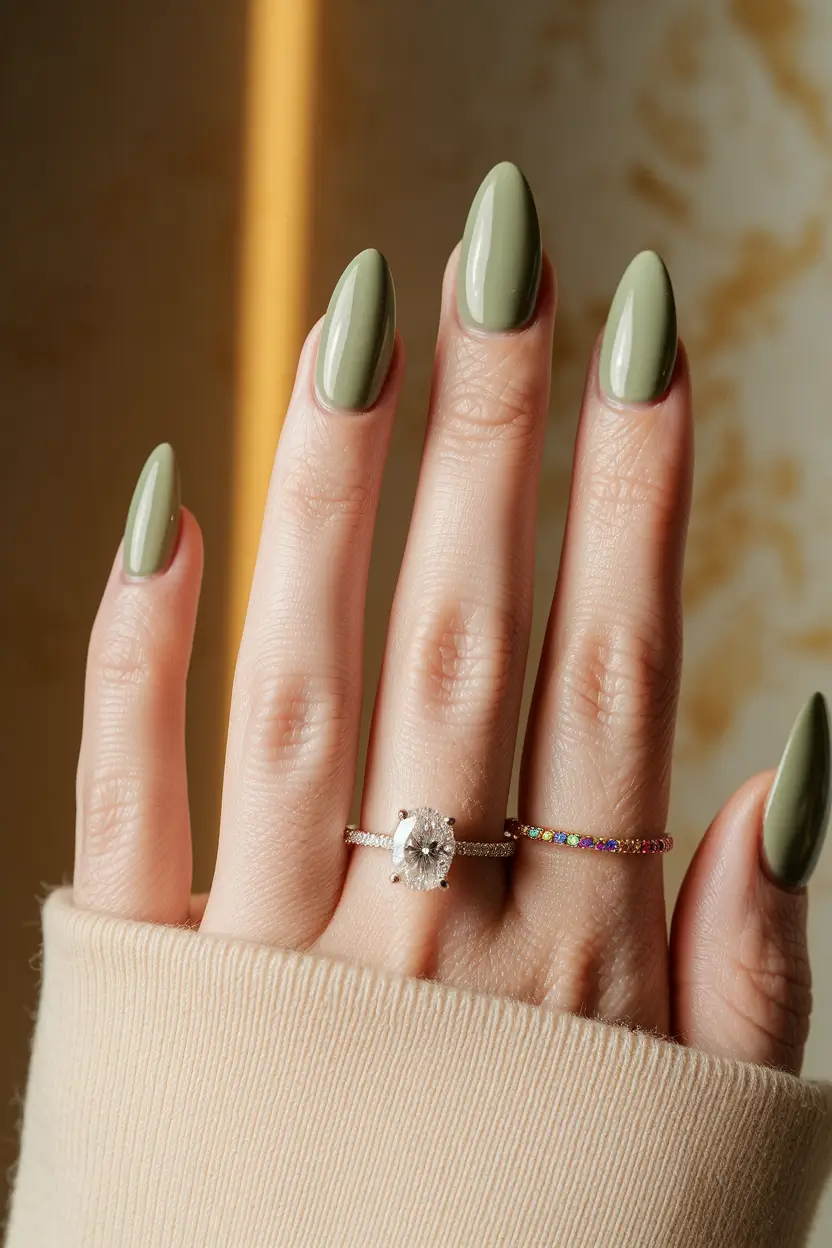 fall color nails – Soft Sage Almond, High-Shine