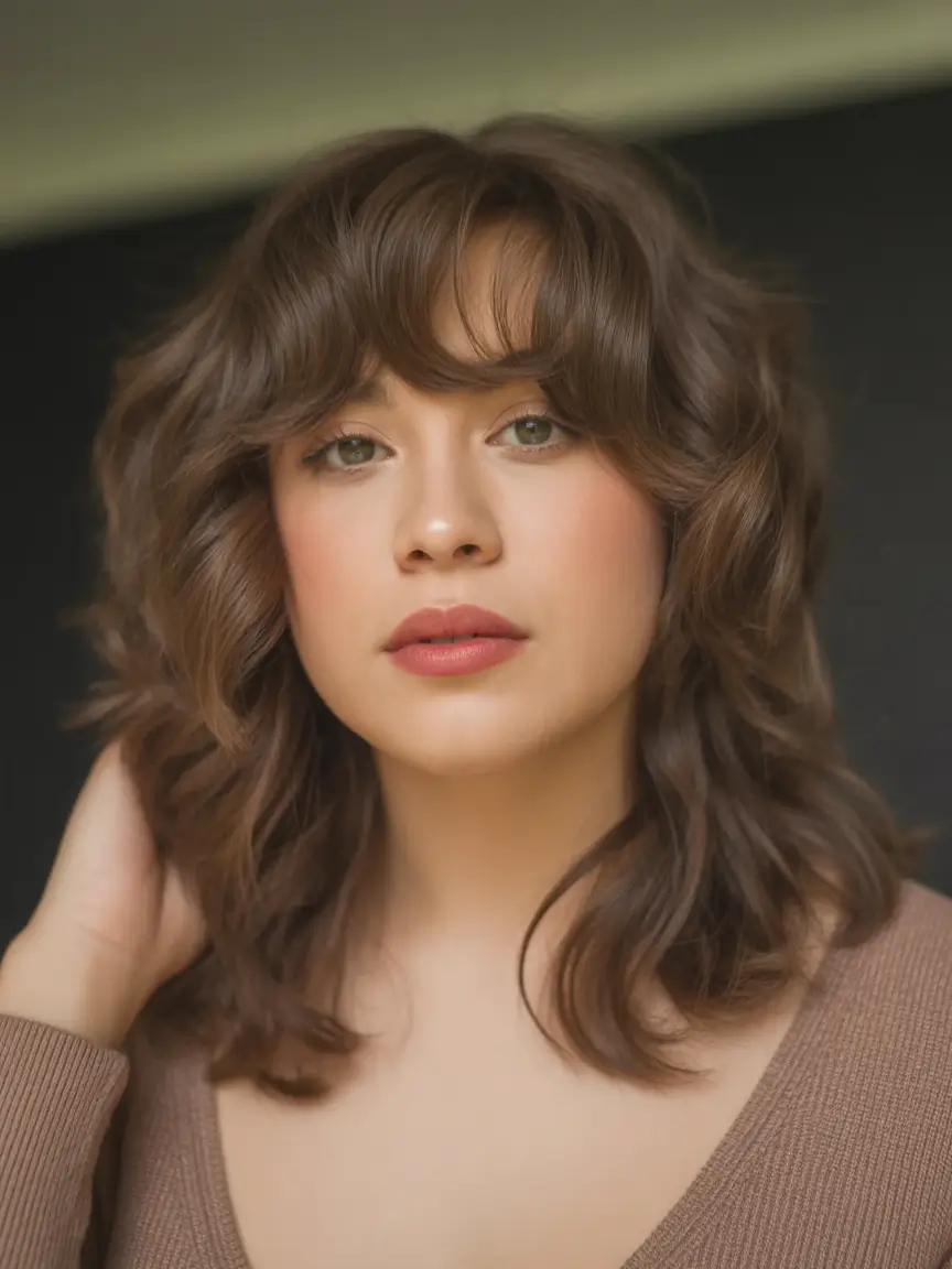 fall haircuts chubby face Soft Shag with French Bangs