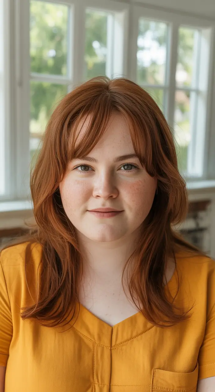 fall haircuts chubby face Mid-Length Cut with Auburn Layers and Curtain Bangs