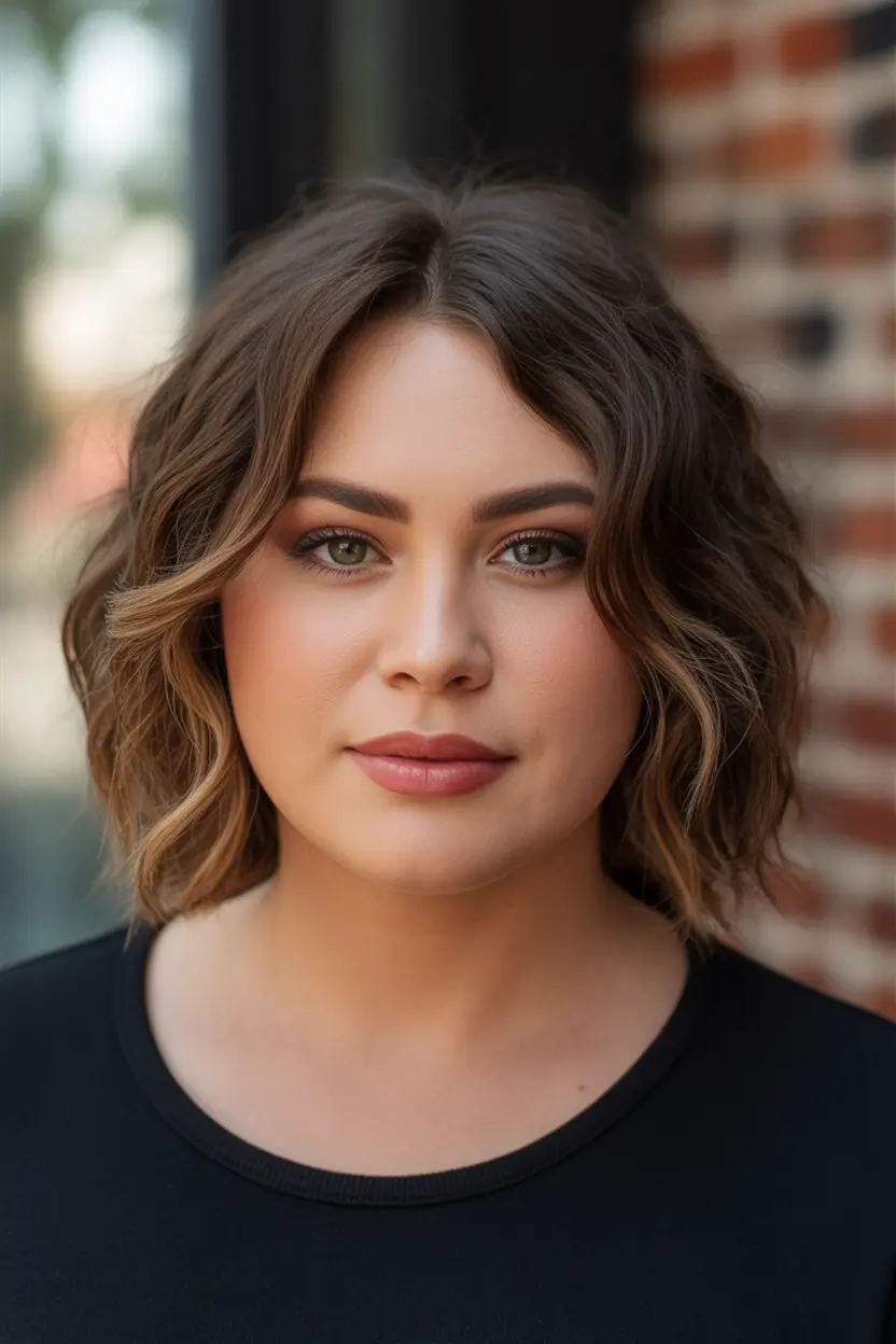 fall haircuts chubby face Chin-Length Tousled Bob with Soft Balayage