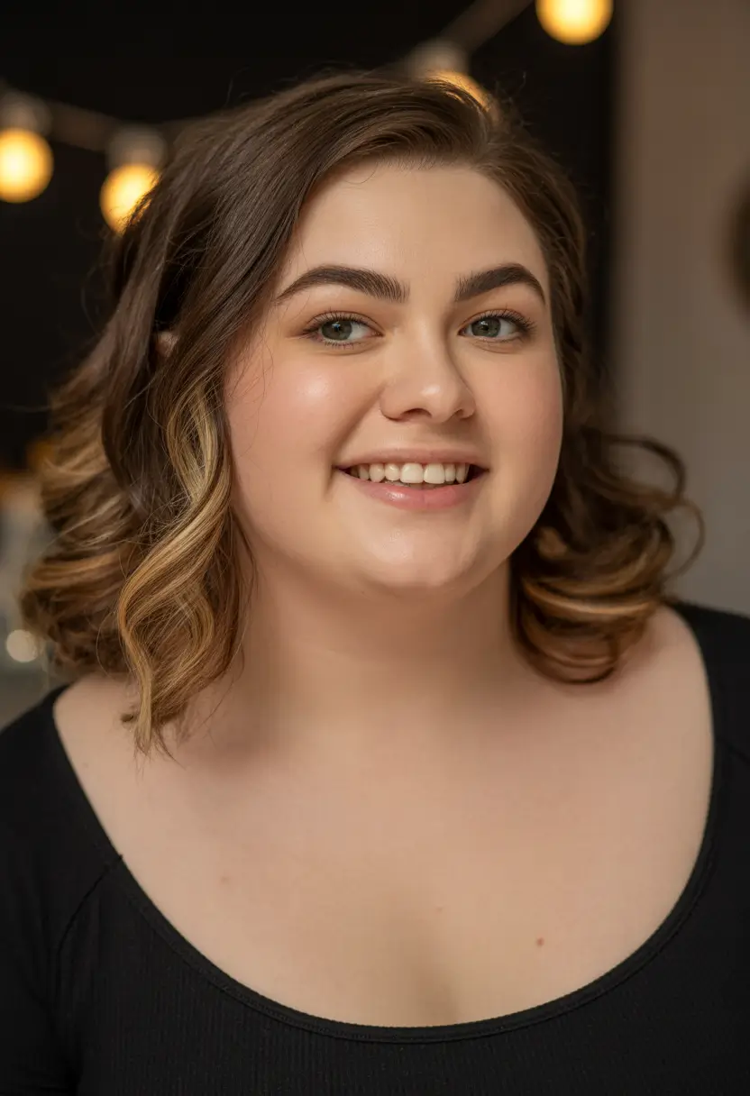 fall haircuts chubby face Glossy Curls with a Playful S-Wave