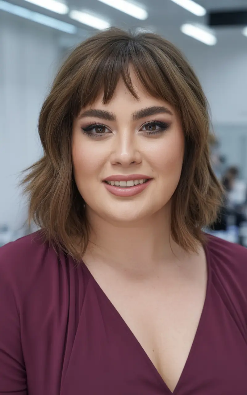 fall haircuts chubby face Blunt Fringe with Soft Tousled Layers