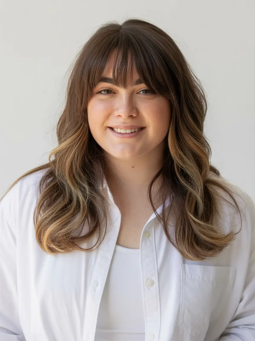 fall haircuts chubby face Layered Mid-Length with Bottleneck Bangs